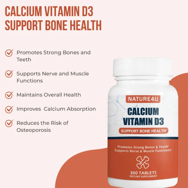 Calcium Supplement 1000 mg with Vitamin D3 for Bone Health, Muscle & Nerve Health and Calcium Absorption, 300 Tablets